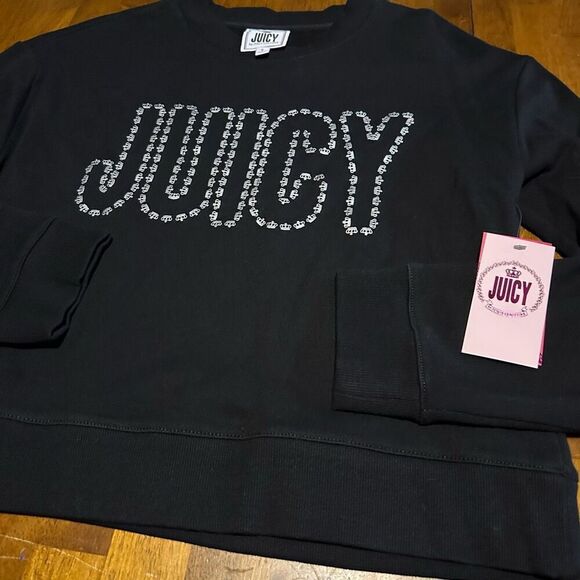 Juicy Couture French Terry Crew Neck Crop Sweatshirt Crown Womens Black Sz Small - Picture 2 of 10